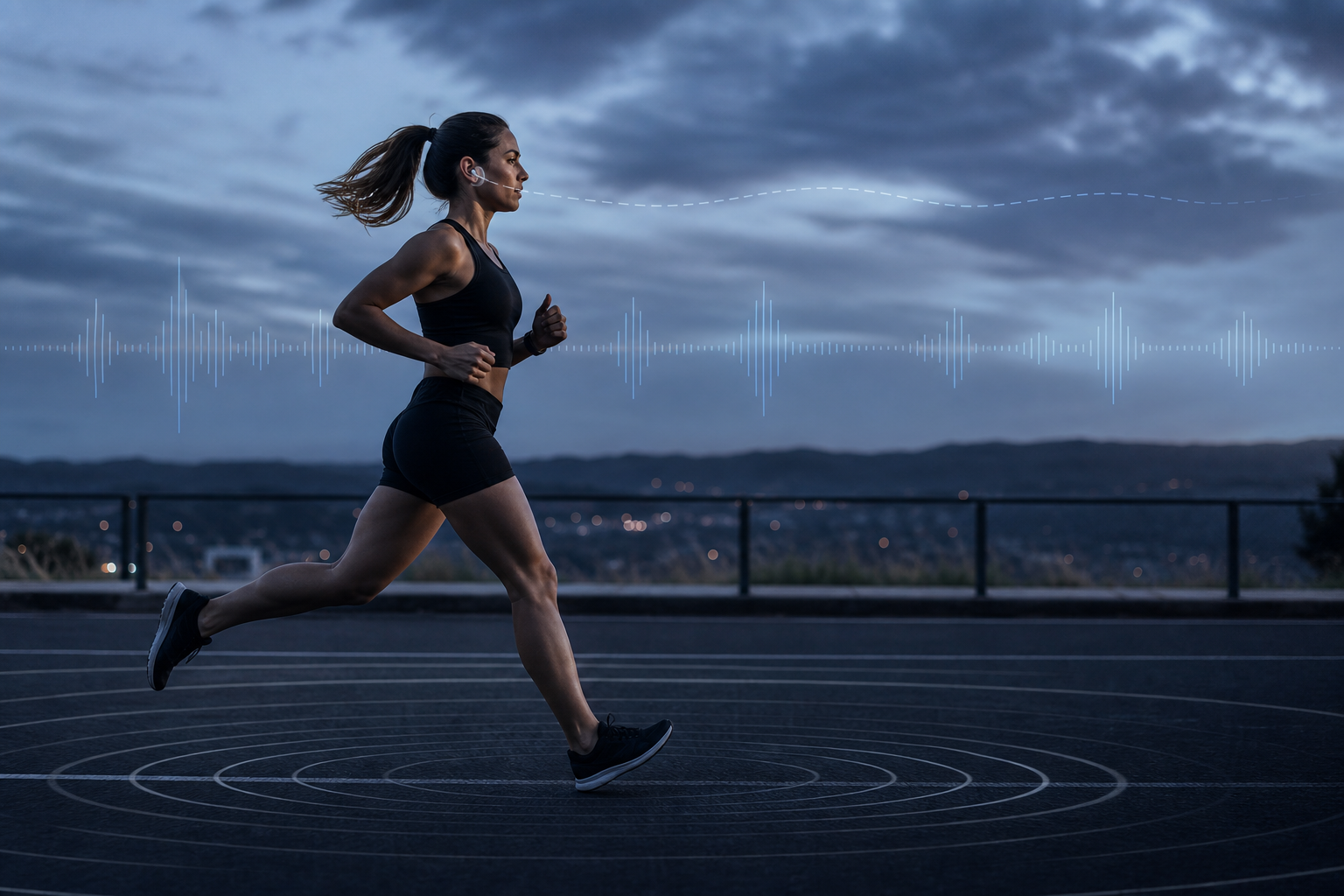 Woman runner on a track at blue hour with wireless earbuds, soft silver waveform and pale ripple lines suggesting rhythm synced to stride.
