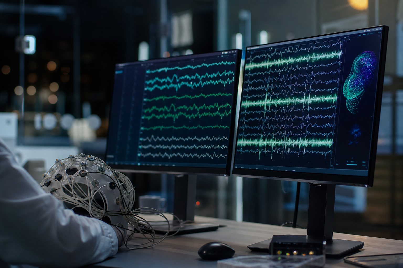 Research desk with EEG-style waveform monitors glowing in a dim lab mood, illustrating listening and neural rhythm themes.