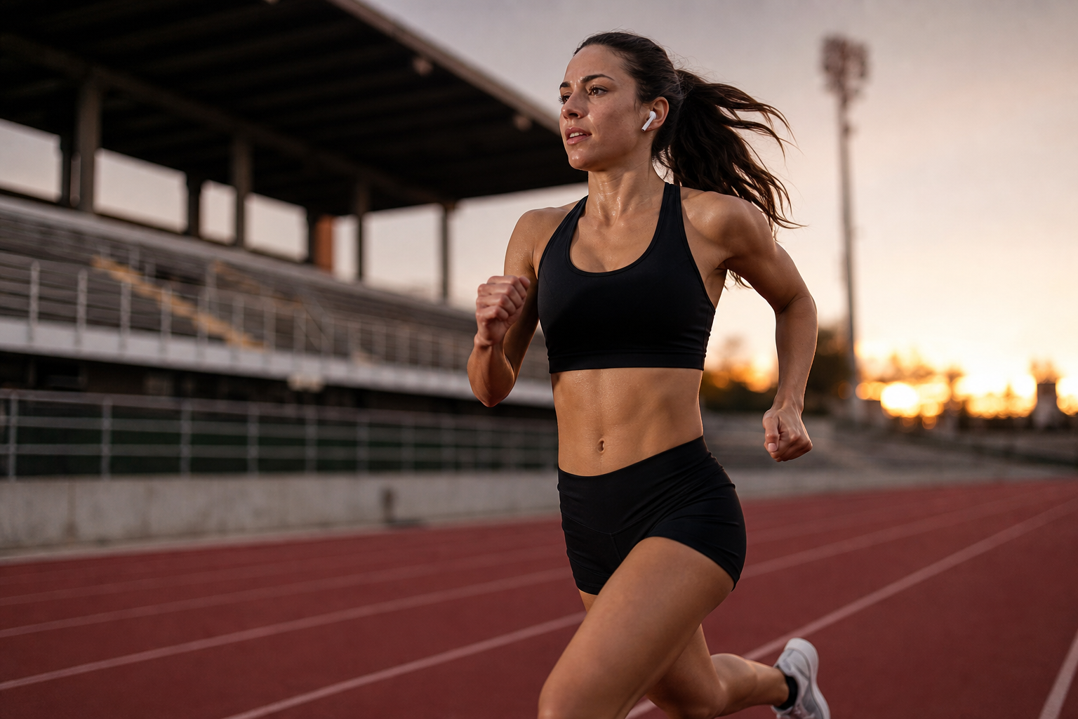 Athletic runner wearing wireless earbuds on an outdoor running track during warm training light, conveying music pacing and physiology.