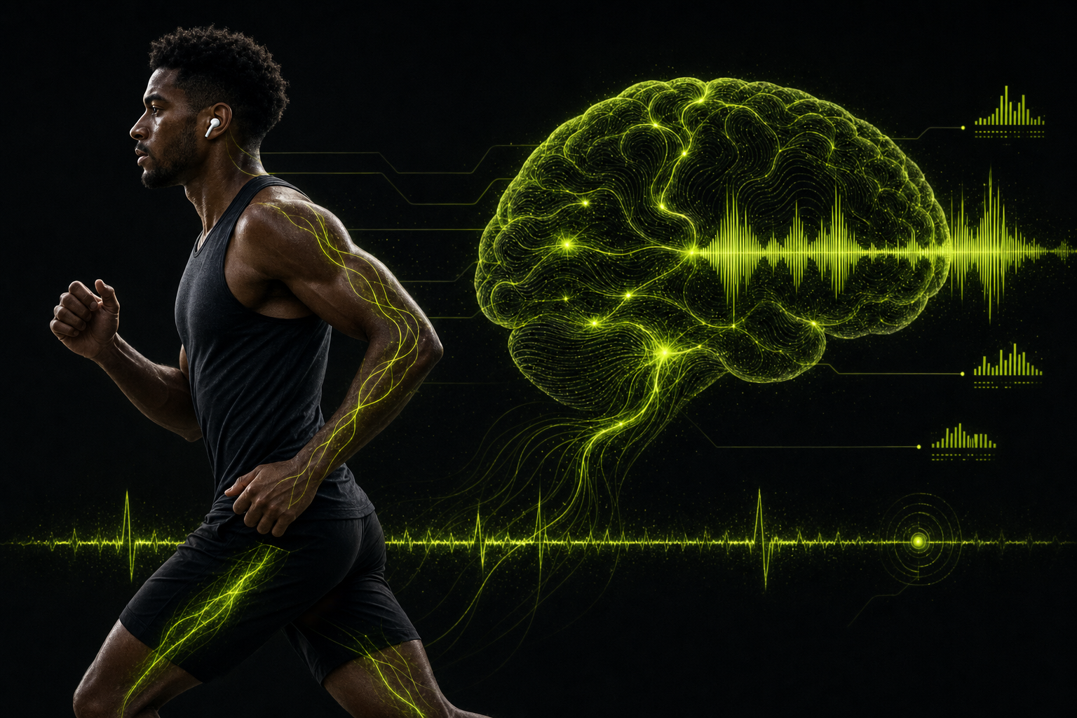 Side profile of a runner with earbuds beside a glowing brain made of soundwaves and neon-green neural pathways, illustrating music driving movement.