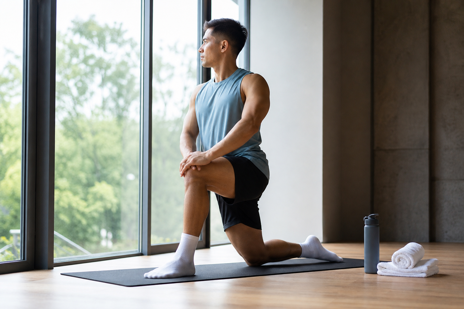 Person stretching calmly on a mat in a bright minimalist gym window light, signaling scheduled recovery.