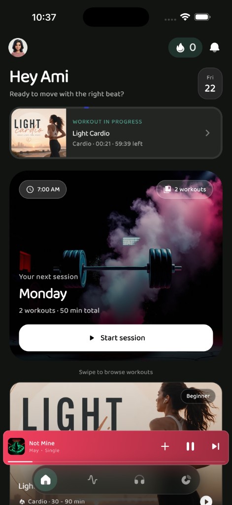 Repbeats progress screen with workout ribbon and mini player