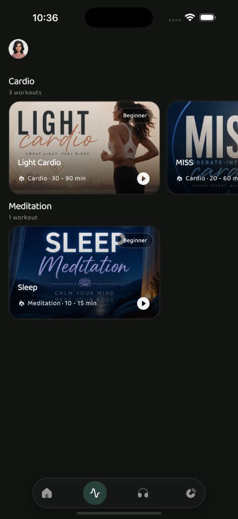 Program shelves covering cardio and meditation
